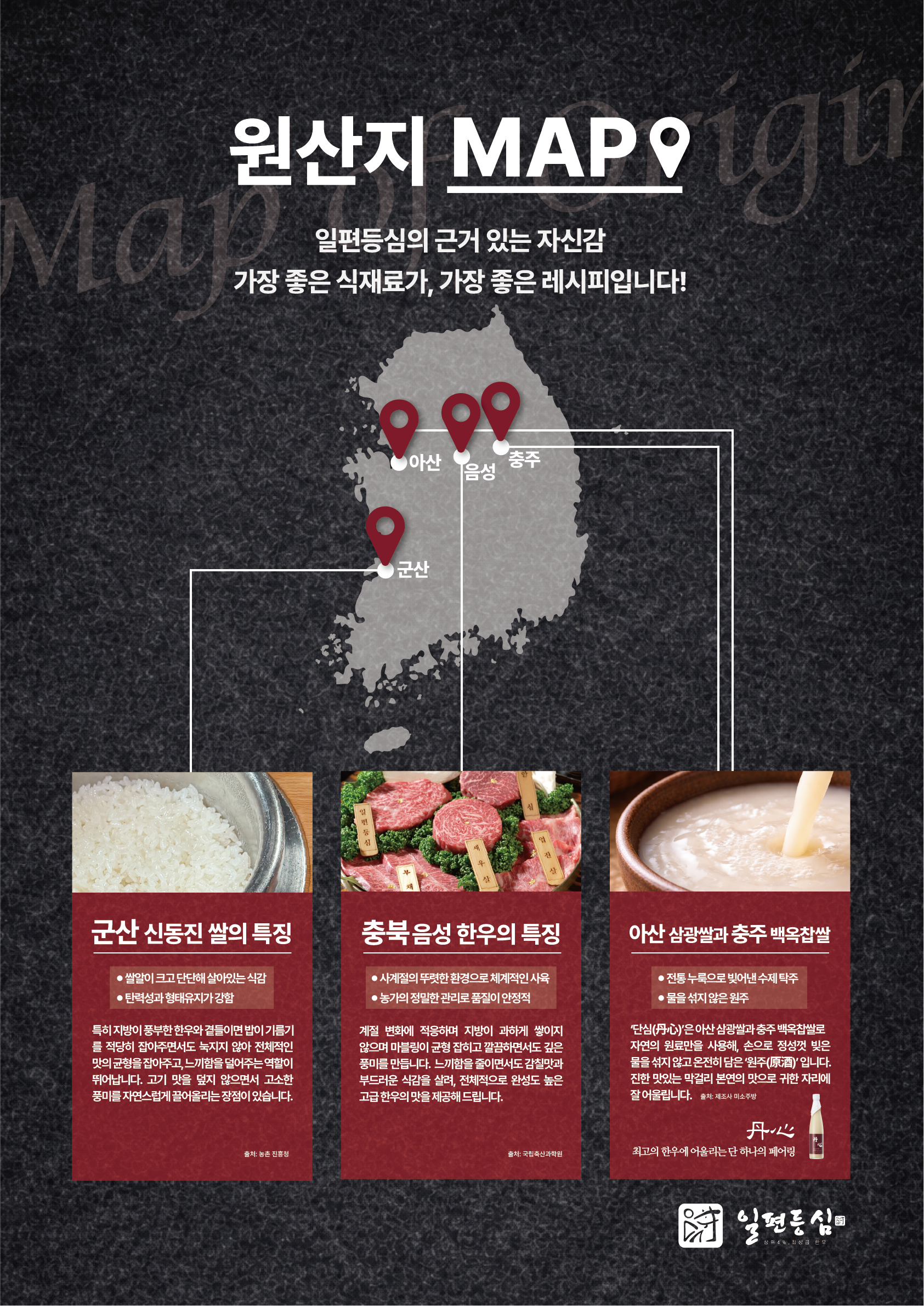 Map of Origin — Gunsan rice, Eumseong Hanwoo, Asan rice and Chungju makgeolli